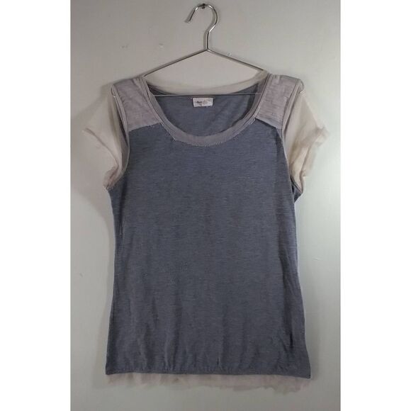 Anthropologie Meadow Rue Size Large Gray and Tan Sheer Short Sleeve Shirt - Picture 1 of 4